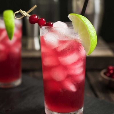 Cape Codder鸡尾酒在黑暗背景的高球玻璃杯中，带有蔓越莓石灰装饰。