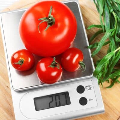 克烹饪和烘烤的磅转换中的克克，用厨房秤和新鲜的西红柿用克重。
